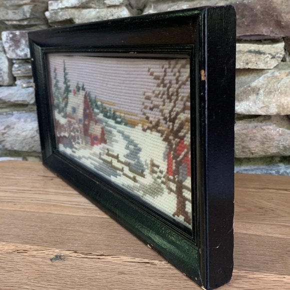 VTG Needlepoint Grist Mill Snow Water Wheel Winter Landscape Stitchery Barn - Picture 6 of 8